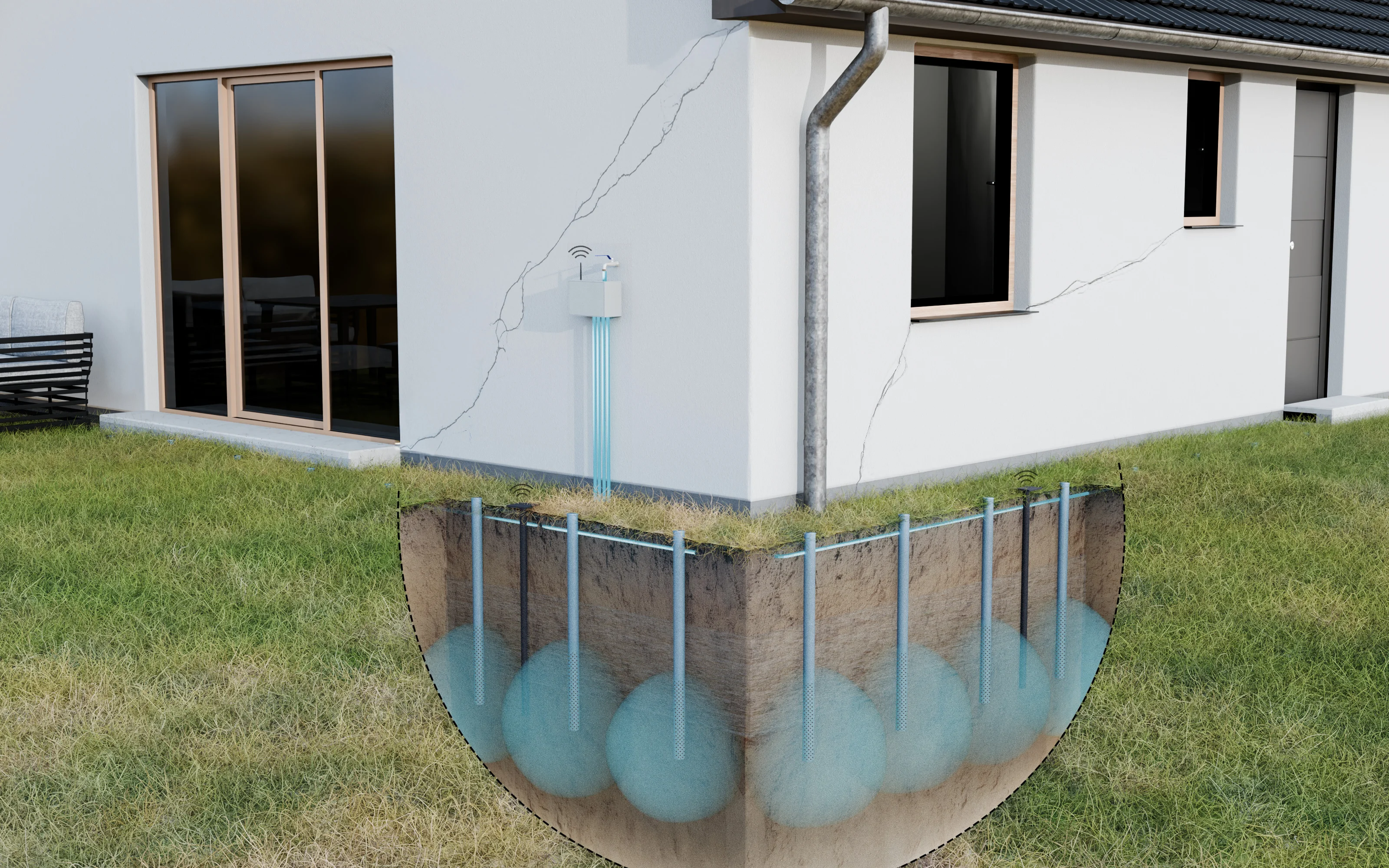 Installation TerraStab in situ autour d'une maison - Vue d'ensemble du système de protection contre le RGA